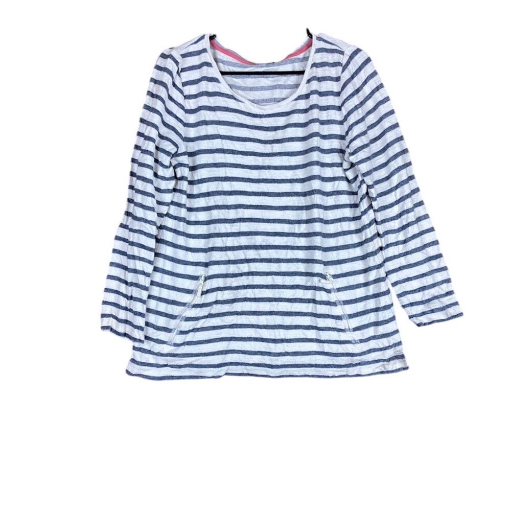 T Talbots Women Shirt White Navy Stripe Long Sleeve Round Neck Zip Pocket LP
